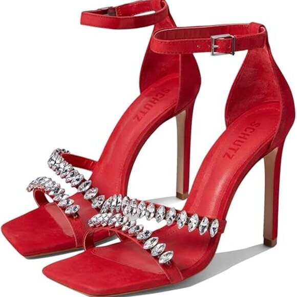 New SCHUTZ Linsey Red Suede Nubuck Rhinestone Sandals Heels Shoes 5 - Picture 2 of 7